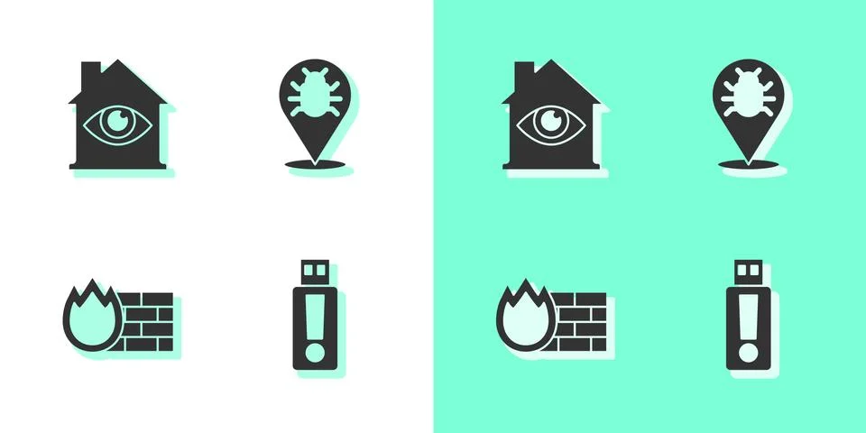 Set USB flash drive, House with eye scan, Firewall, security wall and System bug Stock Illustration