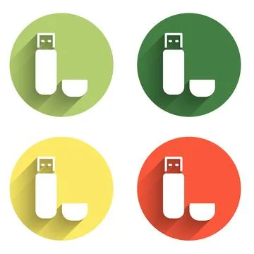 Set USB flash drive icon isolated with long shadow background. Color circle.. Stock Illustration
