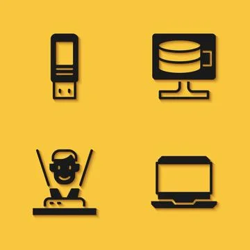 Set USB flash drive, Laptop, Hologram and Cloud database icon with long shadow Illustrazione stock