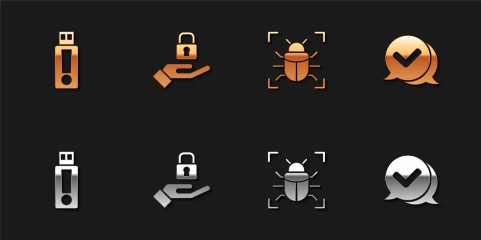 Set USB flash drive, Lock in hand, System bug and Check mark speech bubble icon Illustrazione stock