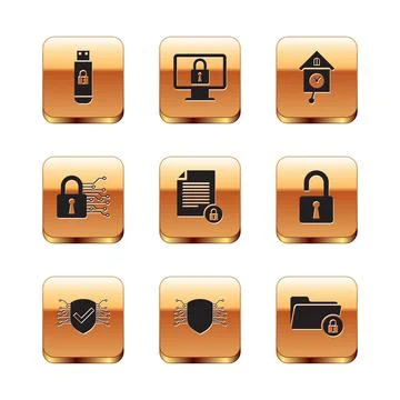 Set USB flash drive with lock, Cyber security, , Document and, and Retro wall Stock Illustration