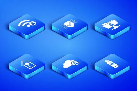 Set USB flash drive with lock, Wifi locked, Cloud computing, Retro wall watch 스톡 일러스트