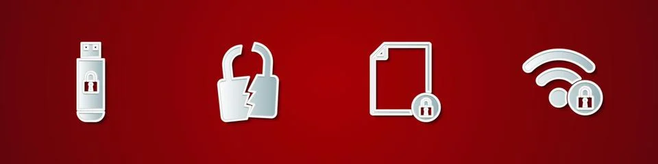 Set USB flash drive with lock, Broken or cracked, Document and and Wifi locked Illustrazione stock
