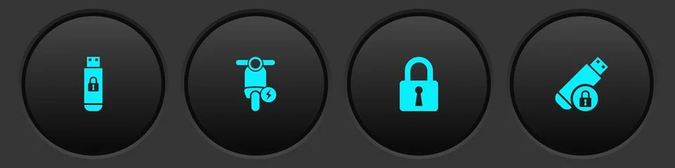 Set USB flash drive with lock, Electric scooter, Lock and icon. Vector Illustrazione stock