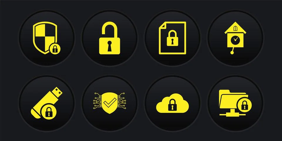 Set USB flash drive with lock, Retro wall watch, Cyber security, Cloud computing 스톡 일러스트