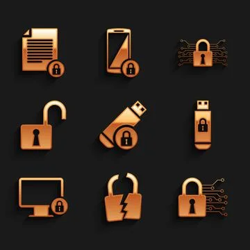 Set USB flash drive with lock, Broken or cracked, Cyber security, , Lock on Stock Illustration