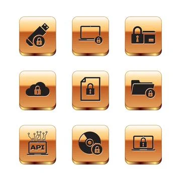 Set USB flash drive with lock, Computer api interface, CD or DVD disk, Document 스톡 일러스트