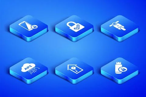 Set USB flash drive with lock, Smartphone, Retro wall watch, Cloud api interface Stock Illustration