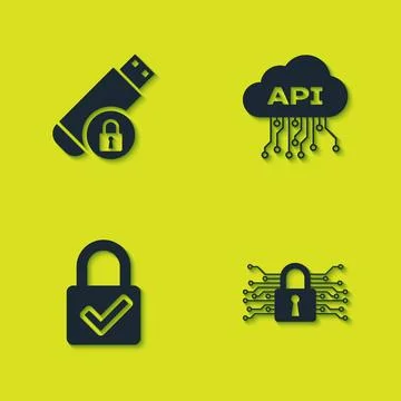 Set USB flash drive with lock, Cyber security, Lock and check mark and Cloud  Stockillustratie