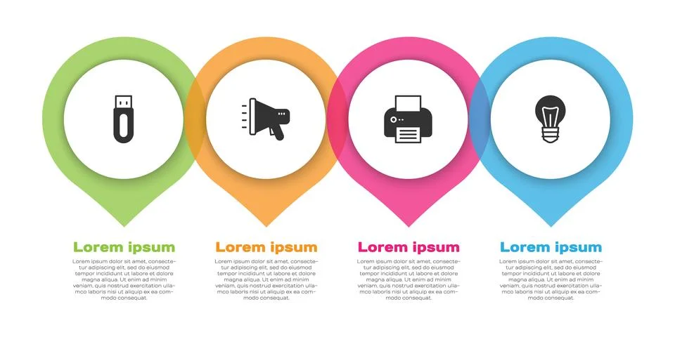 Set USB flash drive, Megaphone, Printer and Light bulb. Business infographi.. Stock Illustration