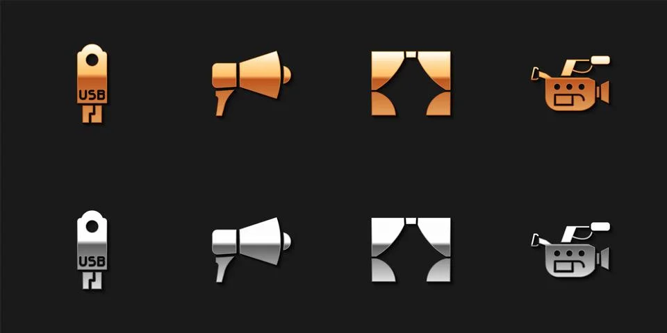 Set USB flash drive, Megaphone, Curtain and Cinema camera icon. Vector 스톡 일러스트