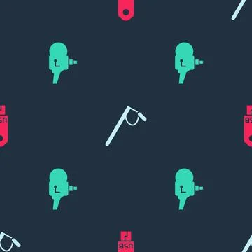 Set USB flash drive, Microphone and Retro cinema camera on seamless pattern Stock Illustration