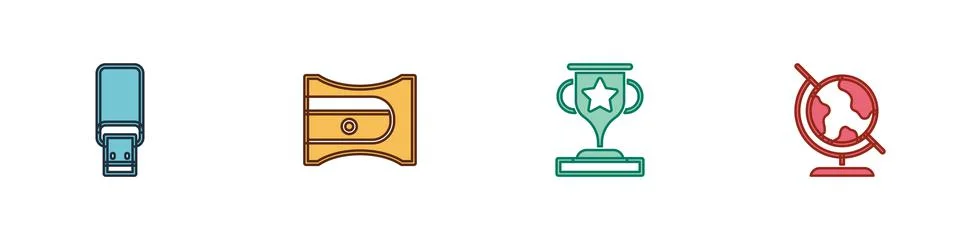 Set USB flash drive, Pencil sharpener, Award cup and Earth globe icon. Vector Stock Illustration