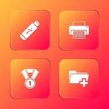 Set USB flash drive, Printer, Medal and Add new folder icon. Vector 스톡 일러스트