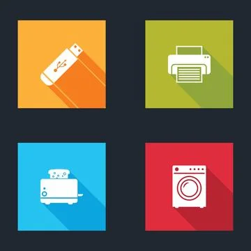 Set USB flash drive, Printer, Toaster with toasts and Washer icon. Vector Stock Illustration