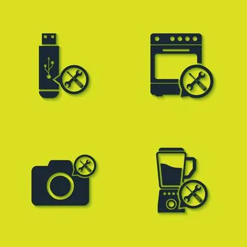 Set USB flash drive service, Blender, Photo camera and Oven icon. Vector Stock Illustration
