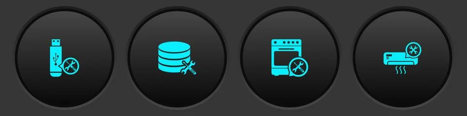 Set USB flash drive service, Database server, Oven and Air conditioner icon Illustrazione stock