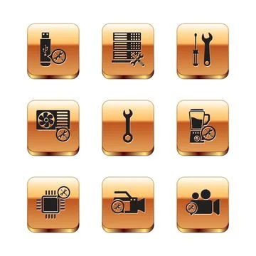 Set USB flash drive service, Processor, Video camera, Wrench, Air conditioner Stock Illustration