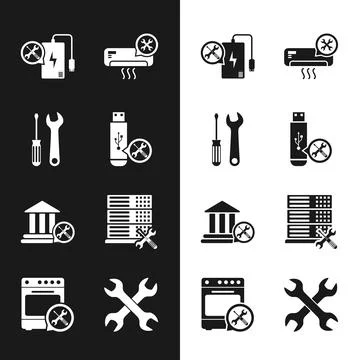 Set USB flash drive service, Screwdriver and wrench, Power bank, Air conditioner Stock Illustration