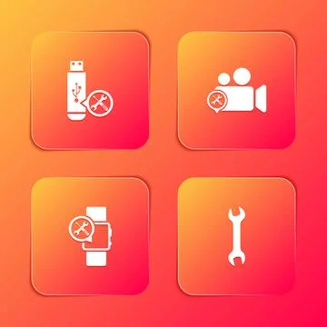 Set USB flash drive service, Video camera, Smartwatch and Wrench icon. Vector 스톡 일러스트