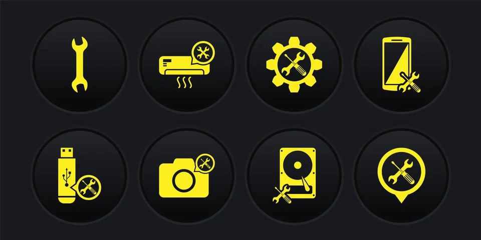 Set USB flash drive service, Smartphone, Photo camera, Hard disk, Wrench and Stock Illustration