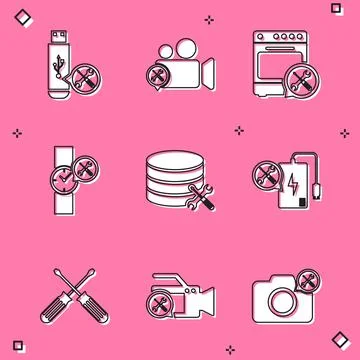 Set USB flash drive service, Video camera, Oven, Wrist watch, Database server Illustrazione stock