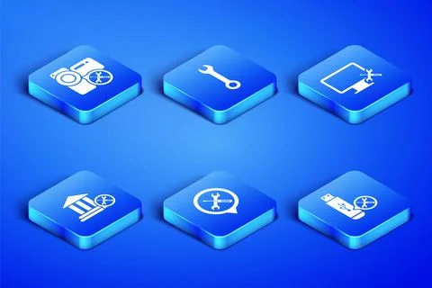 Set USB flash drive service, Video camera, Location, Bank building, Wrench and Ilustración de archivo