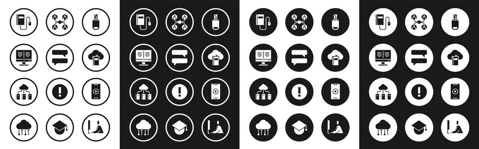 Set USB flash drive, Speech bubble chat, Online book on monitor, Electronic with Stock Illustration
