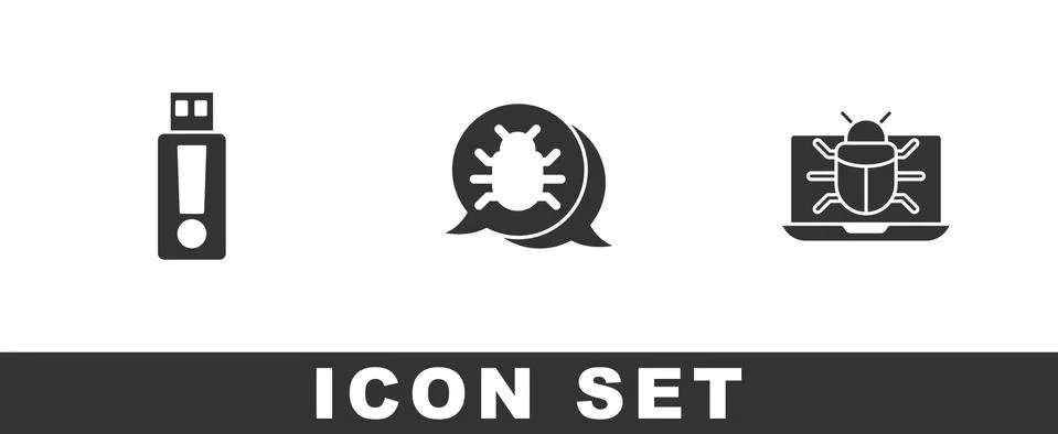 Set USB flash drive, System bug and on monitor icon. Vector Stock-Illustration