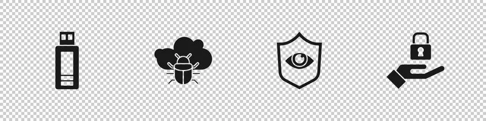 Set USB flash drive, System bug on cloud, Shield and eye and Lock in hand icon Stock Illustration