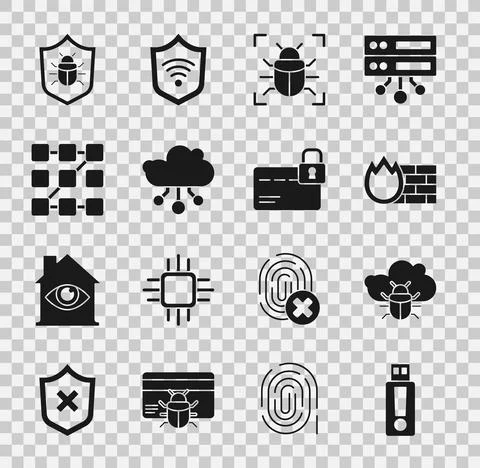 Set USB flash drive, System bug on cloud, Firewall, security wall, Internet of Illustrazione stock