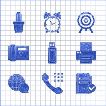 Set USB flash drive, Telephone handset, Document check mark, Printer, World map イラスト素材