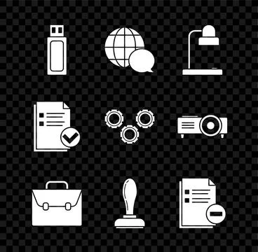 Set USB flash drive, World map made from speech bubble, Table lamp, Briefcase Illustrazione stock