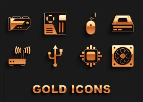 Set USB, Optical disc drive, Computer cooler, Processor with CPU, Router and wi イラスト素材