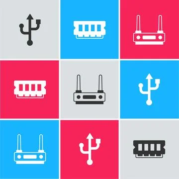 Set USB, RAM, random access memory and Router wi-fi signal icon. Vector Stock Illustration