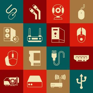 Set USB, RAM, random access memory, Computer mouse, Web camera, Router wi-fi Stockillustratie