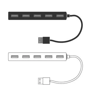 A set of USB splitters with ports and cable. A splitter for your computer or Stock Illustration