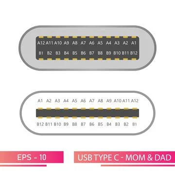 Set, USB type C-front view of the mother and father connector in a realistic Stock Illustration