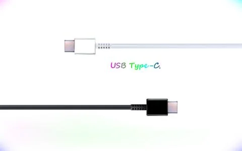 Set USB type-C realistic black and white cable Plug Vector. Stock Illustration