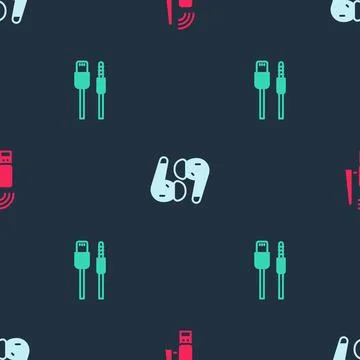 Set Usb wireless adapter, Air headphones and USB cable cord on seamless pattern Stock Illustration