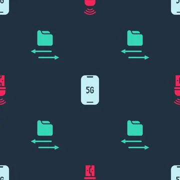 Set Usb wireless adapter, Mobile with 5G and Transfer files on seamless pattern Stock Illustration