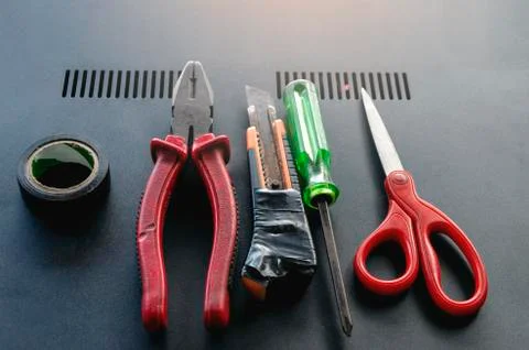Set of Used electrical tools Professional for technician on top view on moder Stock Photos