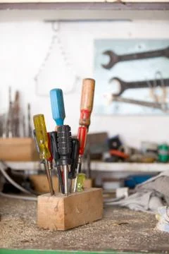 Set of used screwdrivers in workshop Stock Photos