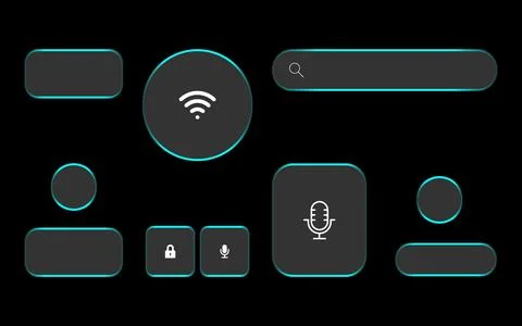 Set of user interface elements in dark mode with blue neon outlines イラスト素材