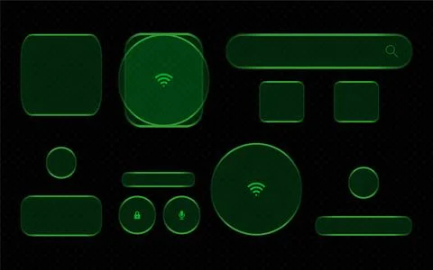 Set of user interface elements in dark mode with green neon outlines Illustrazione stock