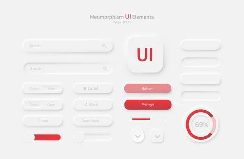 A set of user interface elements for a mobile application in white and red. Stock Illustration