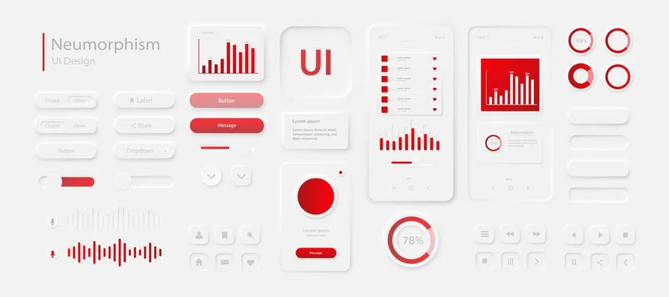 A set of user interface elements for a mobile application in white and red. イラスト素材