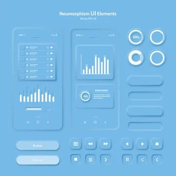 A set of user interface elements for a mobile application in blue. Stock Illustration