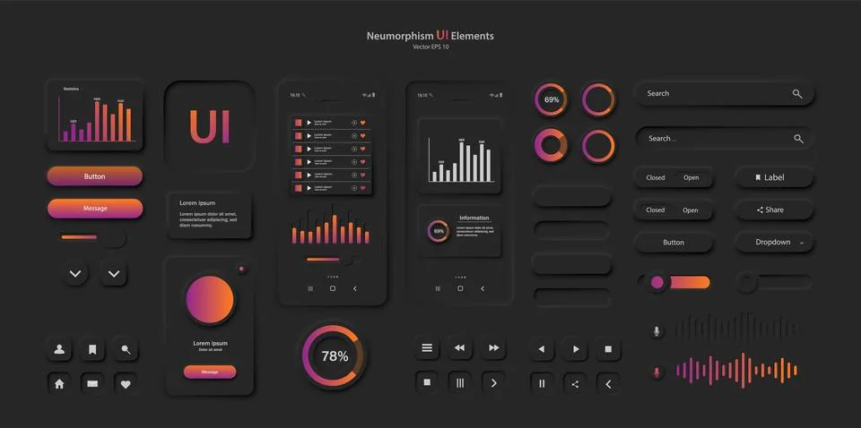 A set of user interface elements for a mobile application in black and red. Illustrazione stock