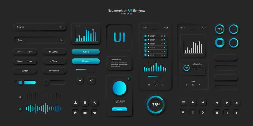 A set of user interface elements for a mobile application in black and blue. Stock Illustration